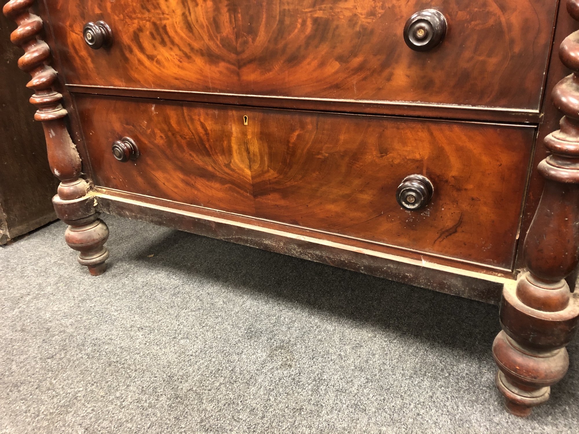 A Victorian mahogany Scotch chest on barleytwist supports with central hat drawer, width 124 cm. - Image 9 of 9
