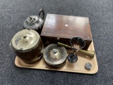 A tray of oak silver plated biscuit barrel, antique plated teapot, copper horn,