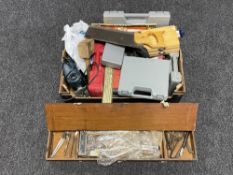 A wooden tool box containing joinery hand tools and a further box containing hand tools and power