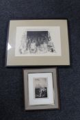 A framed pencil drawing of a seated man, together with a continental picture,