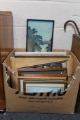 A box of framed pictures and prints, portrait studies, Grimshaw print,