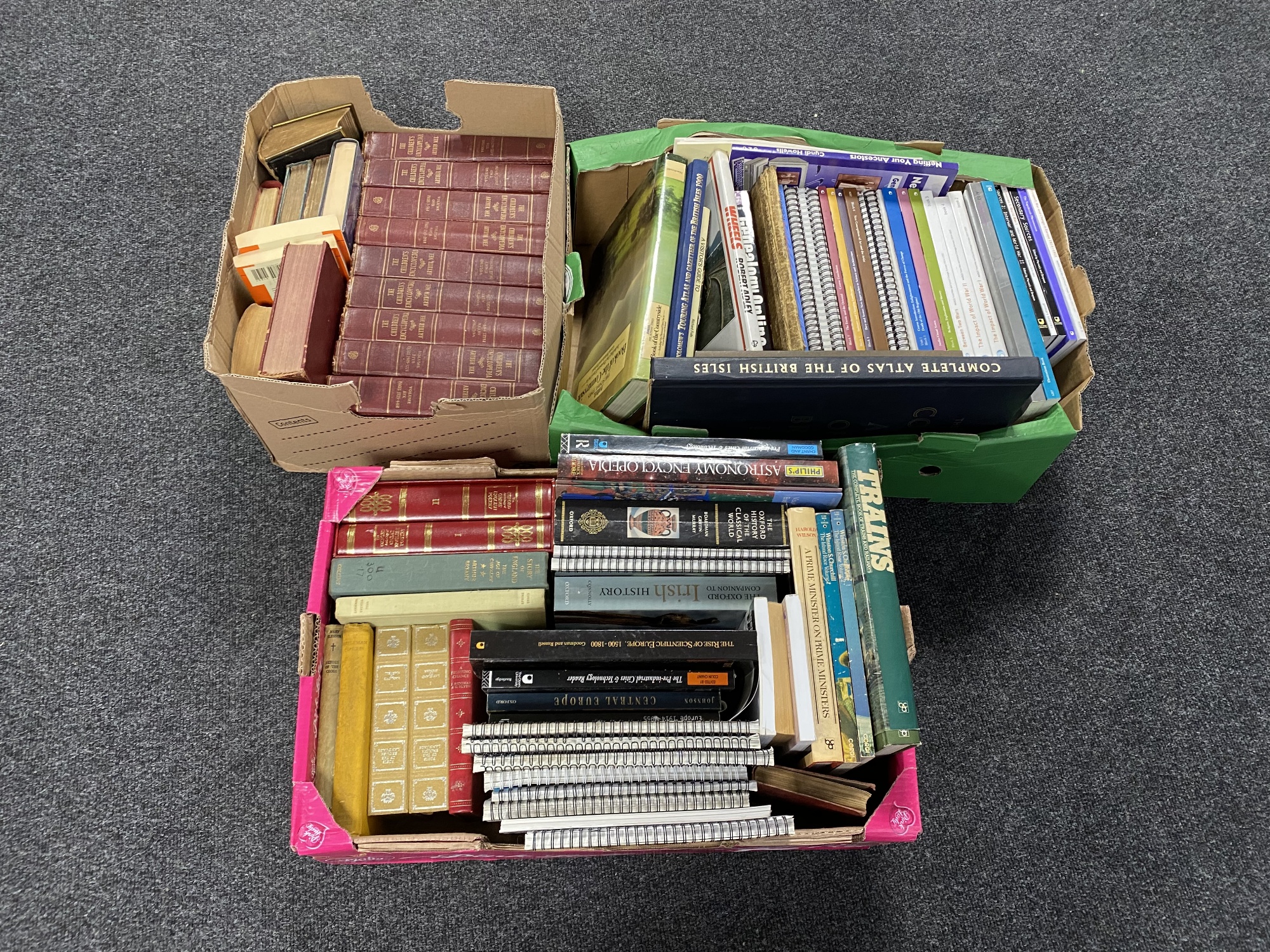 Three boxes of various books to include Open University books, children's encyclopedia,