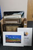 A box of assorted pictures and prints to include unframed oil painting of two dogs,