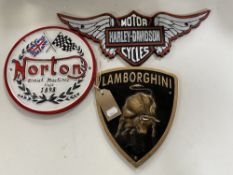 Three cast iron plaques; Lamborghini,