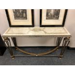 A contemporary marble topped metal based console table, width 130 cm.