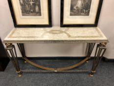 A contemporary marble topped metal based console table, width 130 cm.