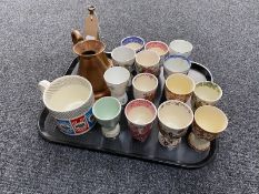 A tray of a collection of fourteen china beakers including Masons together with a Wedgwood London