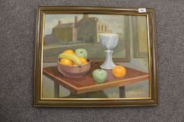 George Patterson: Still life with vase and fruits, oil on canvas, signed, dated '95, 40cm by 50cm.