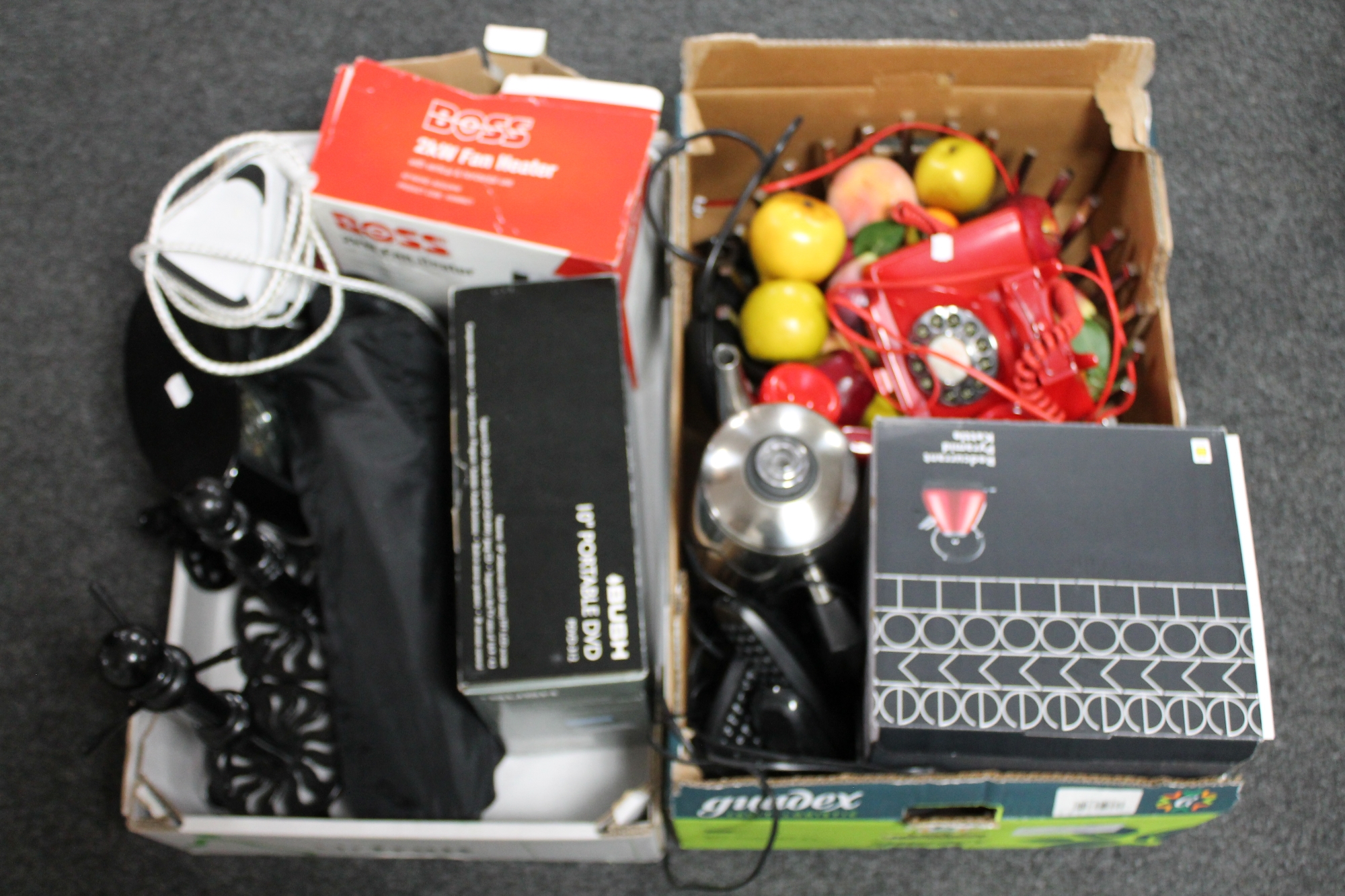 Two boxes of kitchen electricals, fan heater, retro style telephone,