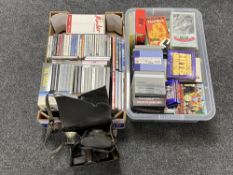 Two boxes of two vintage cameras, assorted CD's and DVD's,