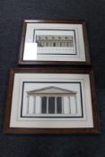 A pair of framed prints depicting classical architecture