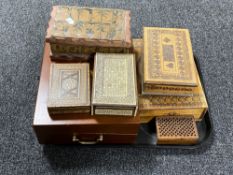 A tray containing Victorian style writing box together with six other antique and later card and