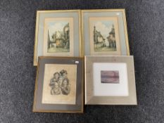 A pair of cream and gilt George Downing signed prints, Victorian street scenes,