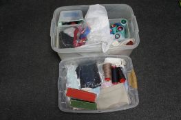 A box and tub of haberdashery items,