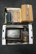 Two boxes of vintage kitchen baking trays and cake tins, Brevel pie magic,