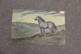 Maureen Patterson: Horse in open landscape, oil on board, signed, dated '68, 42cm by 65cm, unframed.