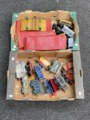 Two boxes of Hornby Railways 00 gauge tin plate rolling stock and accessories