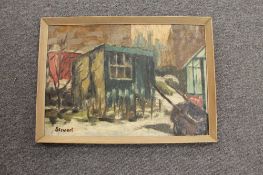 Ken Stewart: Study of a shed with cart, oil on board, signed, 34cm by 49cm.