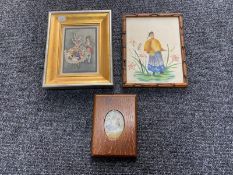 A framed hand-painted ceramic miniature depicting a cockerel,