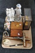 A tray of crucifixes, religious figures, watch, Spanish clown figure, wooden boxes,