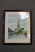 George Patterson: Church study with shopping precinct, watercolour, signed, dated '97, 40cm by 30cm.