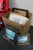 A box of framed and unframed pictures and prints,