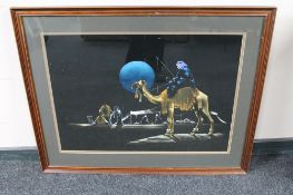 A framed painting on cloth - Arab figure on camel