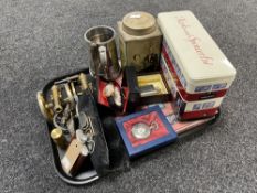 A tray of brass cannons, hip flask, vintage glasses, gent's Sekonda wristwatch, tins, spectacles,