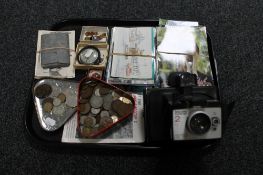 A tray containing pre-decimal British coinage, badges, postcards, enamelled Unionist club badge,