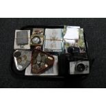 A tray containing pre-decimal British coinage, badges, postcards, enamelled Unionist club badge,