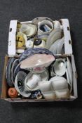 Two boxes of assorted china to include antique blue and white dinner ware,