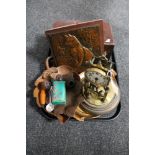 A tray of treen dishes, pipes, copper plaque of cat mounted on a board,