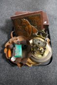 A tray of treen dishes, pipes, copper plaque of cat mounted on a board,