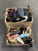 Two boxes of a large collection of lady's handbags and shoes