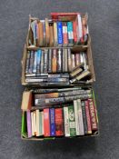 Three boxes of various books including novels by Stephen King, Wilbur Smith,