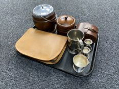 A tray of treen biscuit barrel and caddy, leather cased gent's travel set, plated wares,