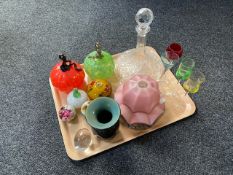 A tray of assorted glass ware, art glass vases, paperweights, Art Deco glass light shade,