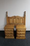 A pair of pine three drawer bedside chests together with a 3' headboard