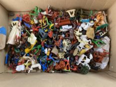 A box of a quantity of plastic soldiers and Native Americans