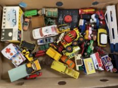 A box of a quantity of mid 20th century and later die cast vehicles to include,