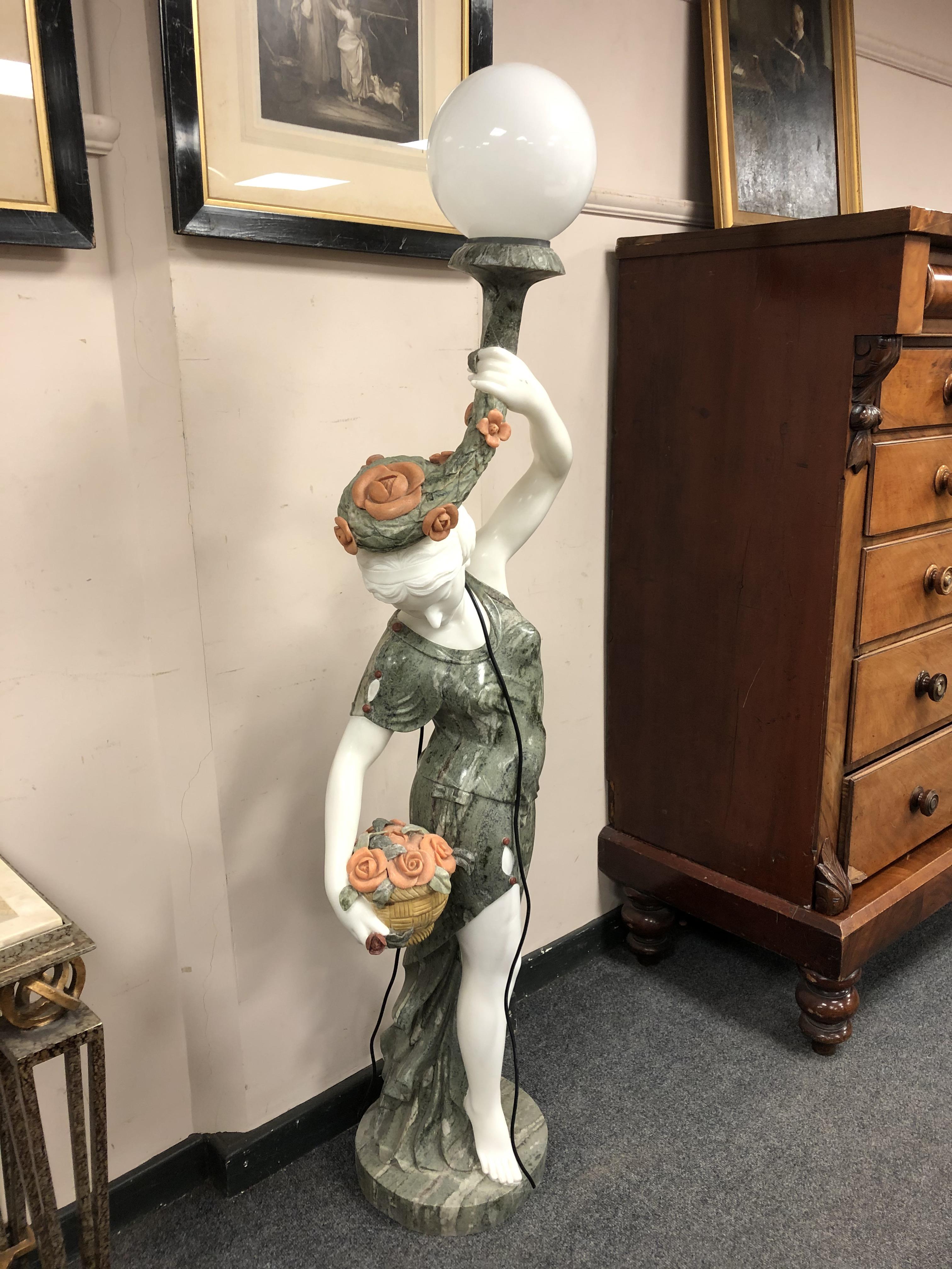 A pair of marble floor lamps modelled as maidens holding flowers, - Image 2 of 2