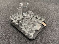 A tray of assorted glass ware to include vases, butterfly trinket dish, rose bowl,