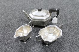 An Elizabeth II silver three piece tea service, Viner's Ltd, Sheffield 1946, comprising teapot,