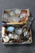 Two boxes of assorted glass ware, table lamps, Viking figures,