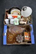Two boxes of carnival glass, assorted tea china,