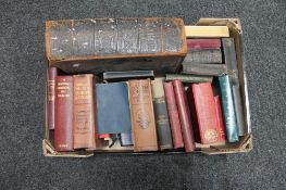 A box of 19th century leather bound bible, antiquarian and later books, home doctor,