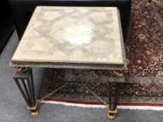 A pair of contemporary marble topped metal based lamp tables, width 65 cm.