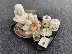 A tray containing eight resin and chalk busts depicting philosophers and Shakespeare, composers,