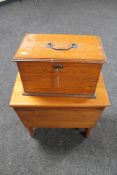 A pine storage stool together with an Edwardian oak box with brass handle and key