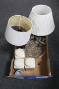 A box of kitchen wire mesh baskets, three contemporary table lamps with shades,